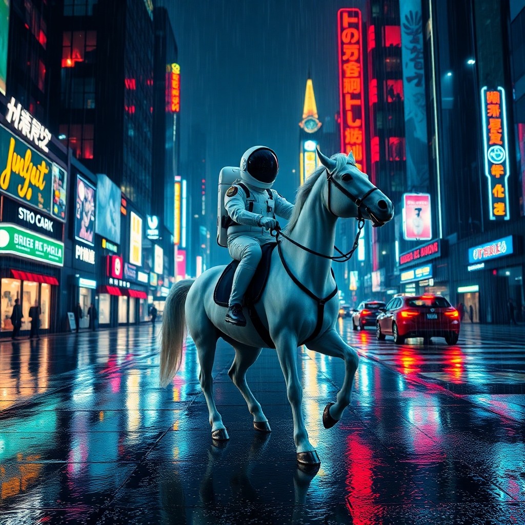 Hyper realistic cinematic scene, astronaut riding a white horse through a neon c...