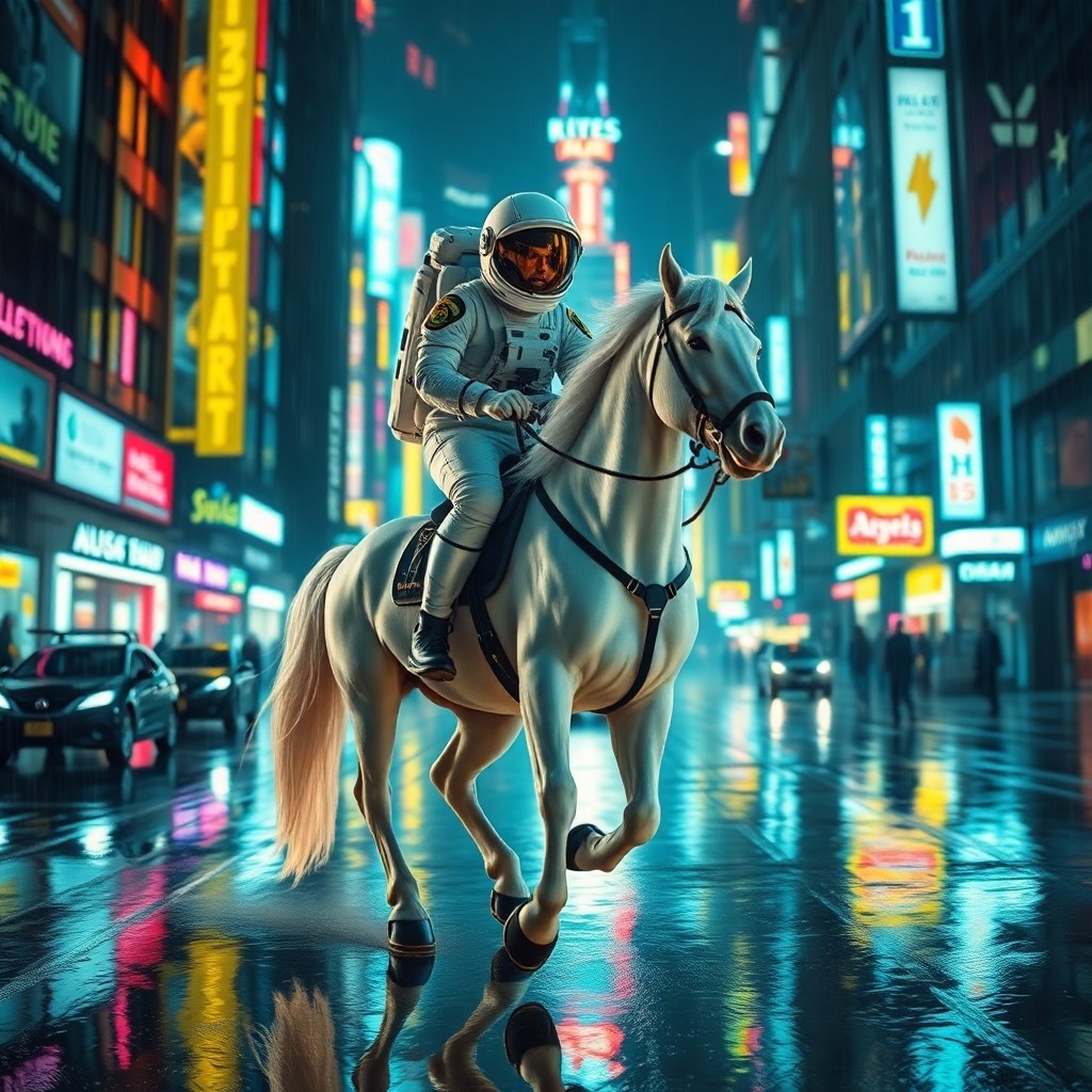 Hyper realistic cinematic scene, astronaut riding a white horse through a neon c...