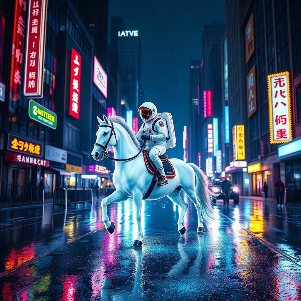 Hyper realistic cinematic scene, astronaut riding a white horse through a neon c...