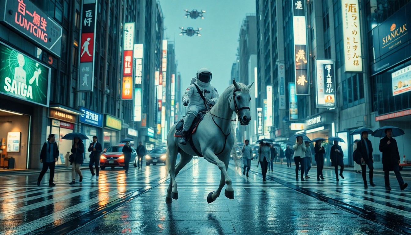 Ultra realistic cinematic scene, astronaut riding a white horse through a rainy...