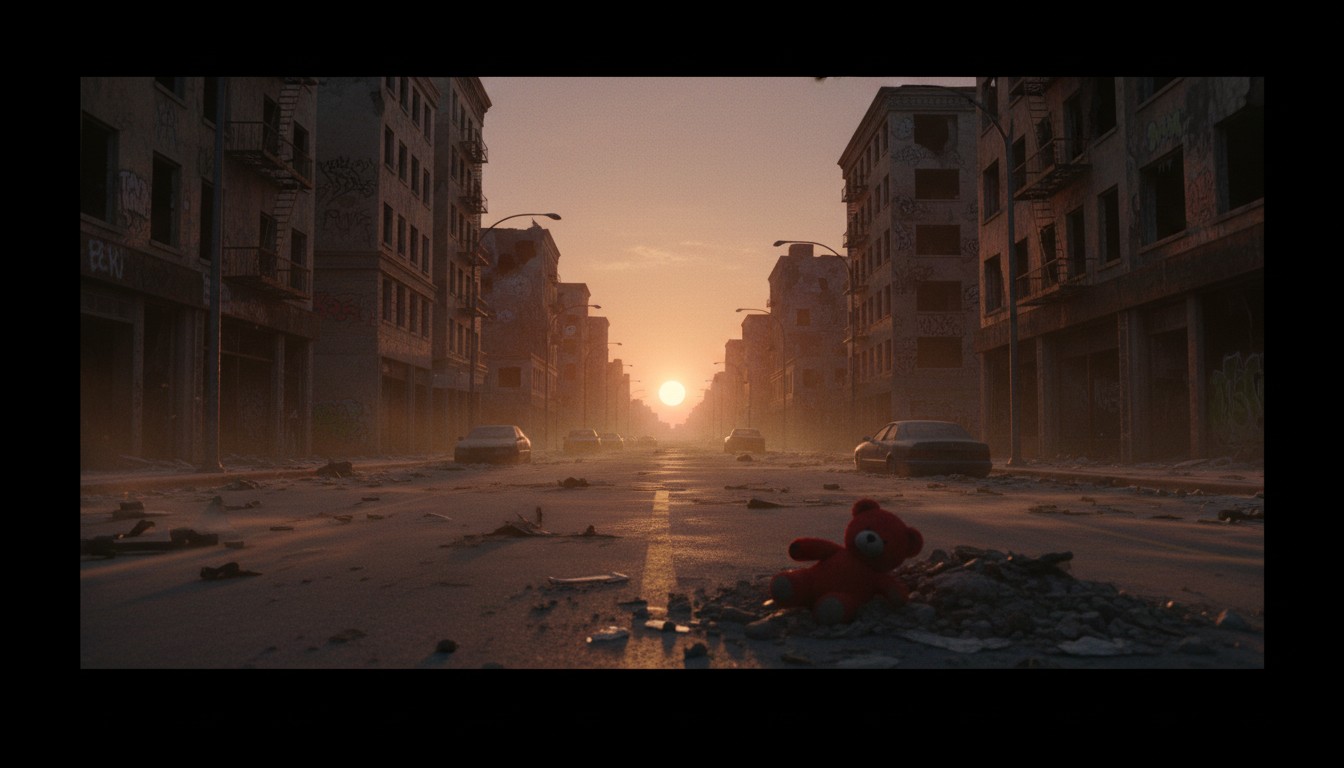 Cinematic shot of a silent devastated city at sunset, empty streets covered in d...